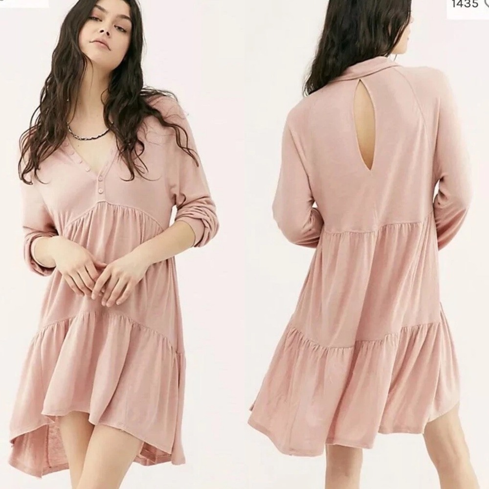 Free People Tiered Linen Blend Long Sleeve Dress XL Pink Best Girl Tunic Flowy